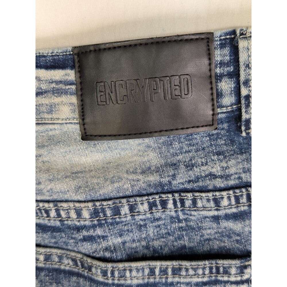 Encrypted NYC Mens Moto Biker Jeans 38x32 Blue Acid Wash Distressed Stretch - Picture 11 of 11
